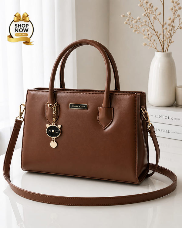 Charles And Keith 2 Zipper Bag Leatherette Handbag With Small Cat Charm And Detachable Shoulder Strap